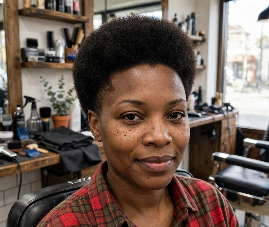 Black woman in a barbershop chair showing a fresh tapered afro cut