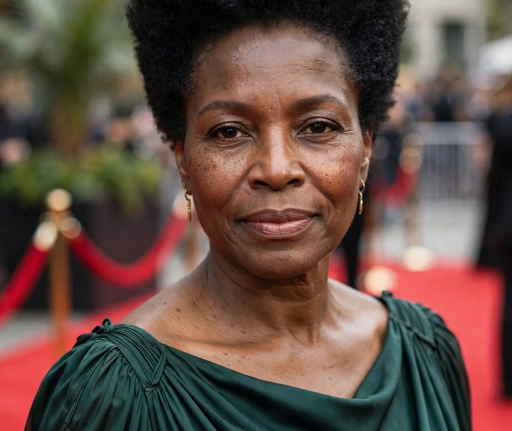 Mature Black woman in an elegant gown with a statement tapered afro