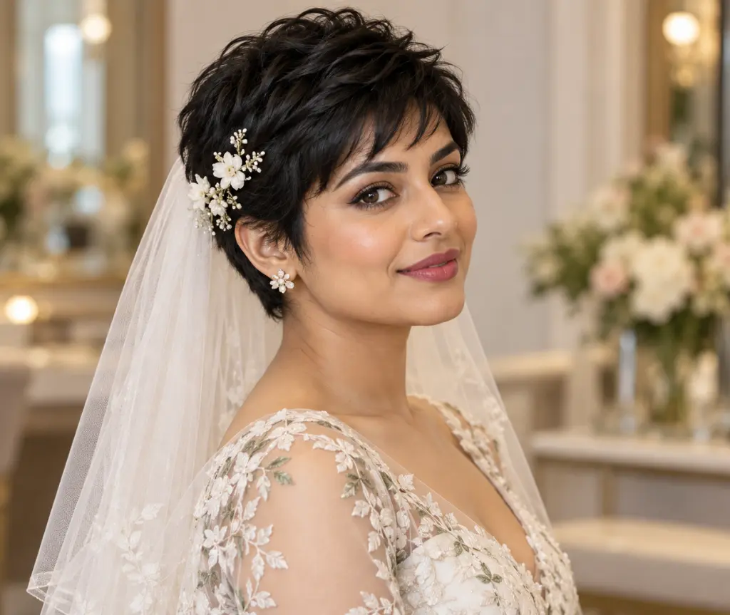 Textured Pixie with a Floral Clip and Shoulder-Length Veil