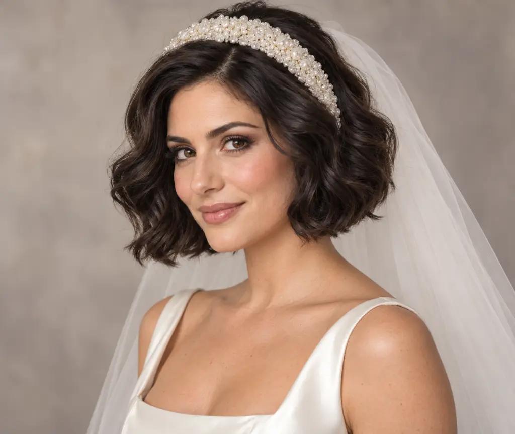 Thick Wavy Bob with a Wide Bridal Headband