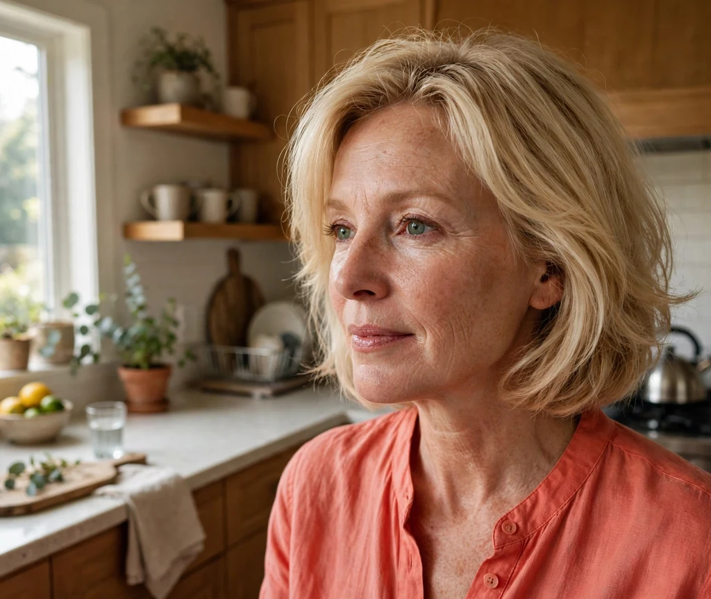 Woman with a classic layered bob in a home kitchen