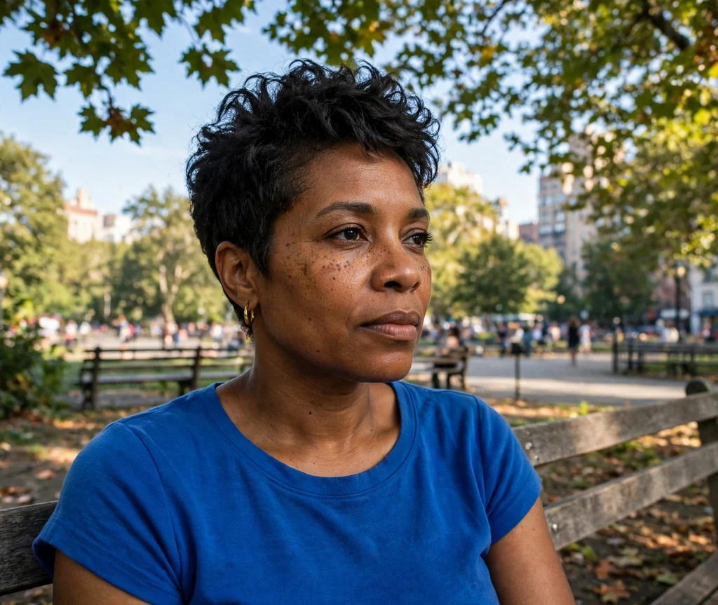 Woman with a voluminous pixie cut on a park bench