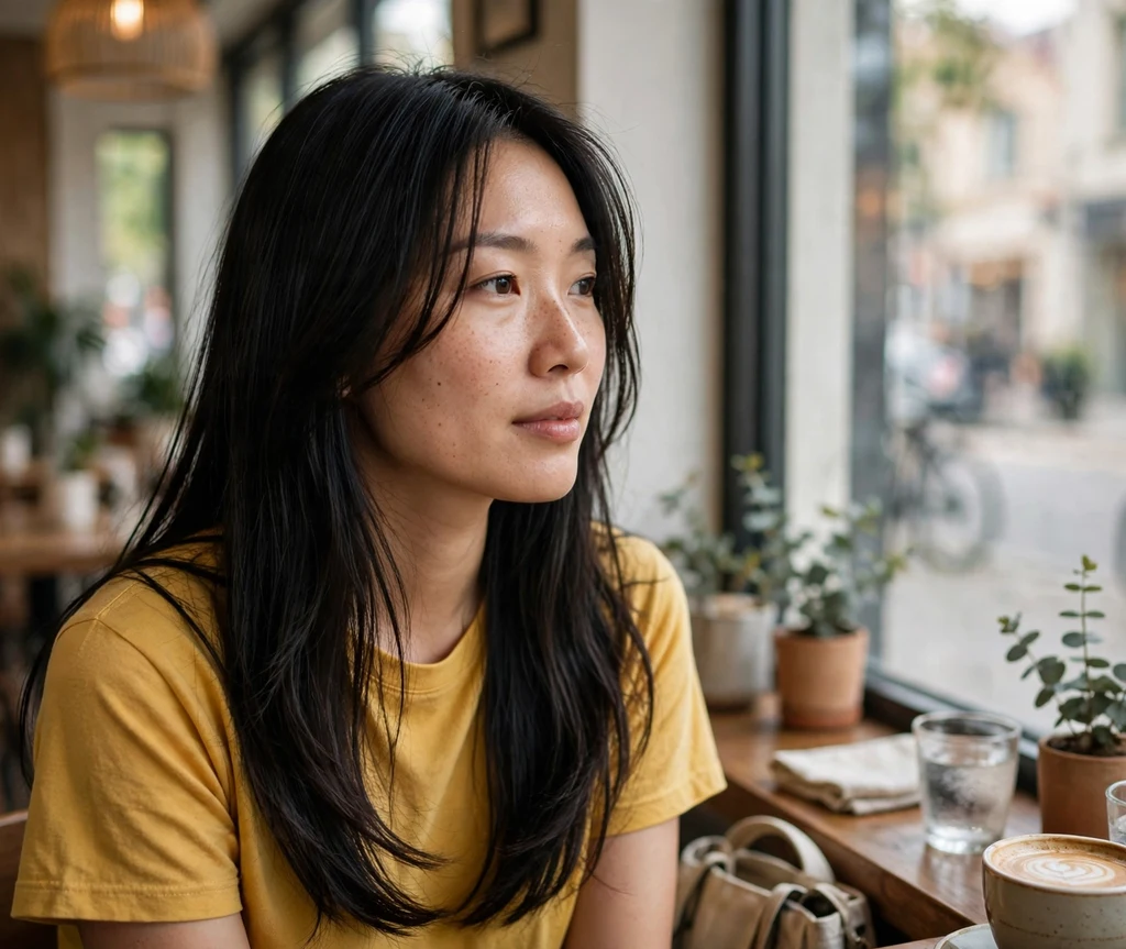 Woman with long layers and face-framing pieces at a cafe