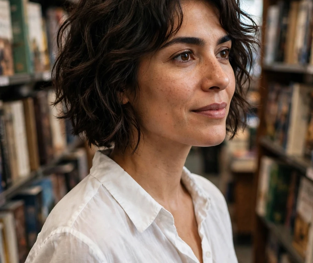 Woman with a choppy textured lob in a bookstore
