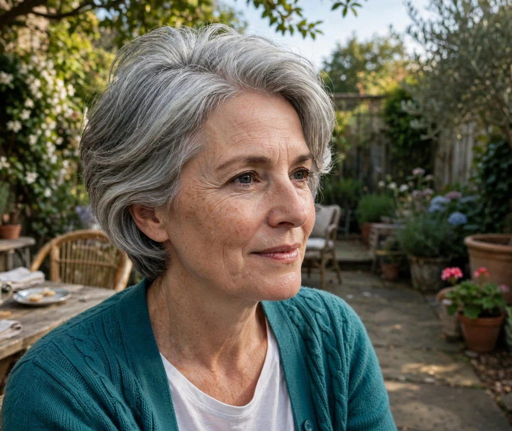 Woman with a stacked bob on a garden patio