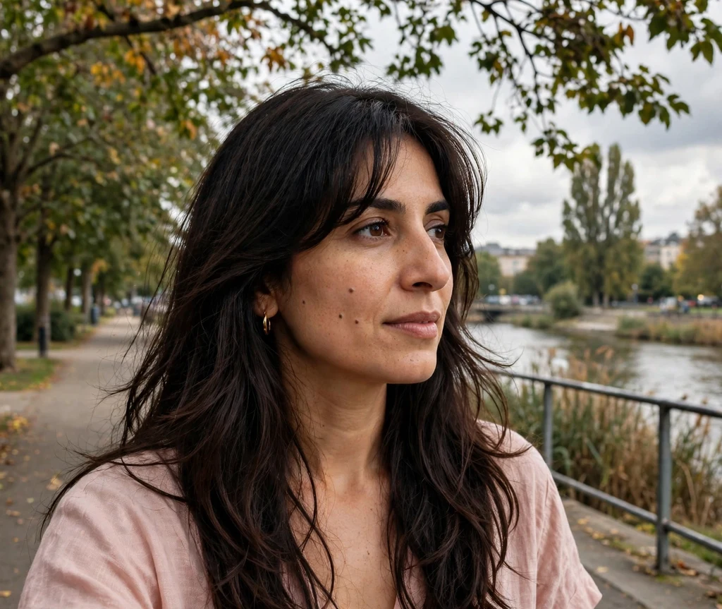 Woman with curtain bangs and layers on a riverside walk