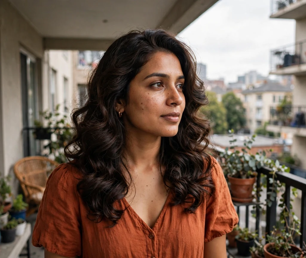 Woman with bouncy blowout waves on an apartment balcony