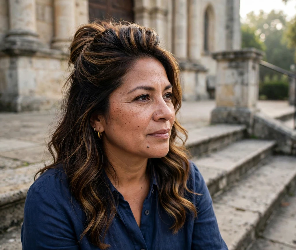 Woman with a half-up bouffant on church steps