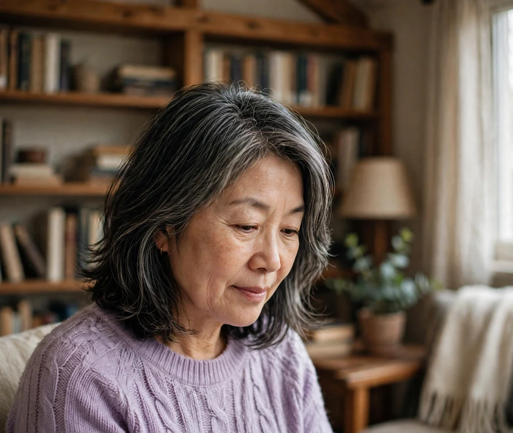 Woman with feathered layers in a library nook