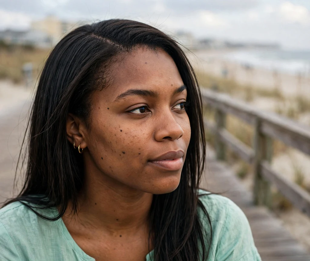 Woman with a deep side part on a beach boardwalk
