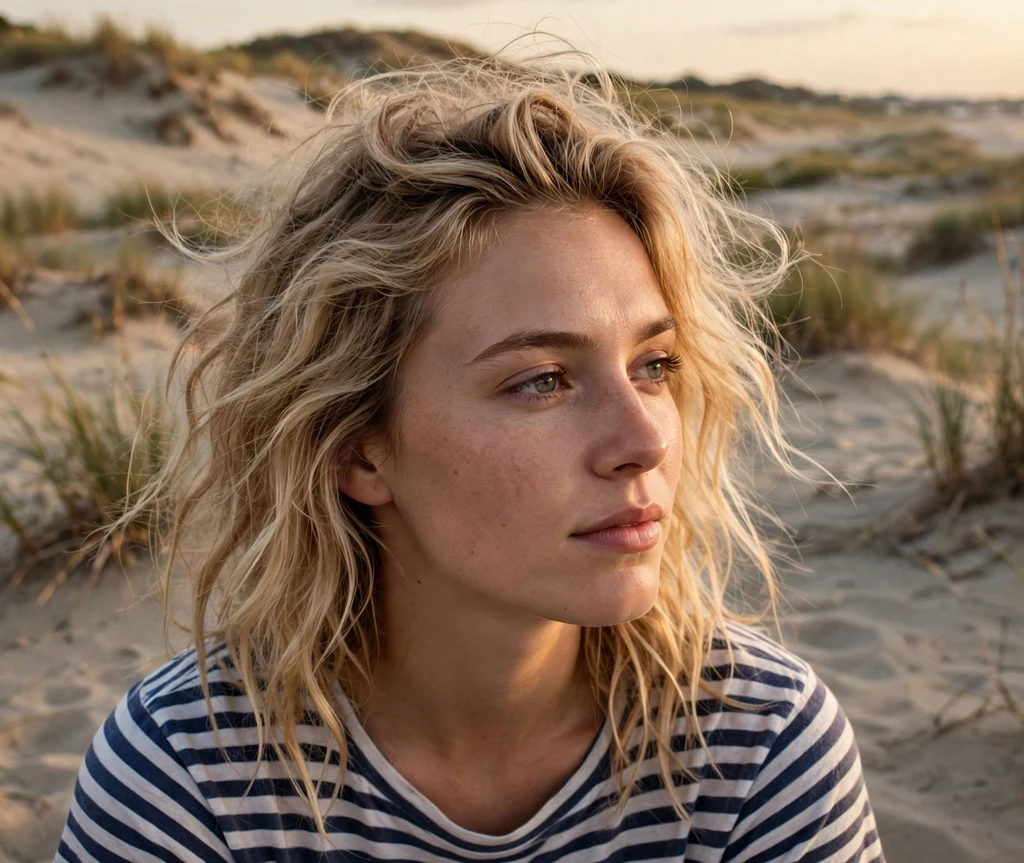 Woman with tousled beach waves on beach dunes