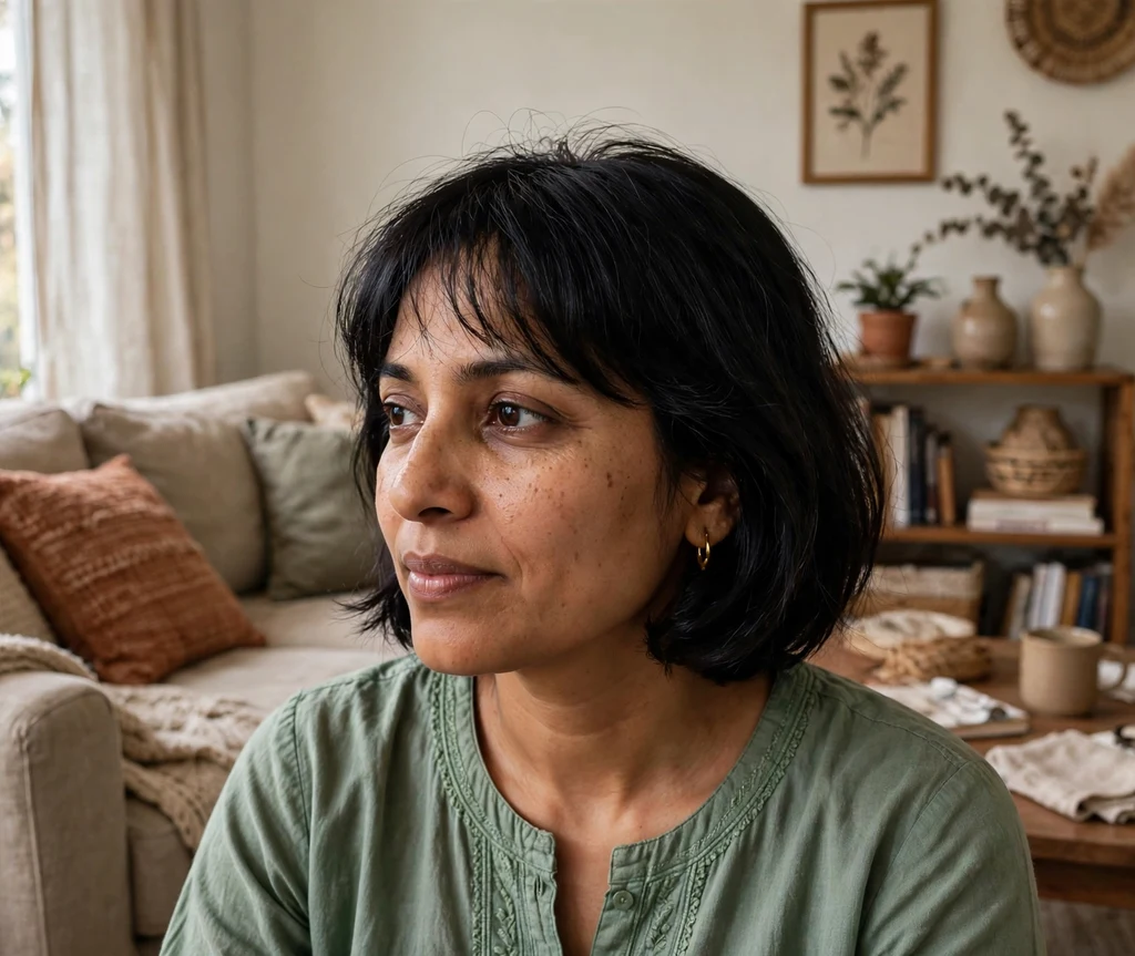 Woman with wispy bangs and a bob in a living room