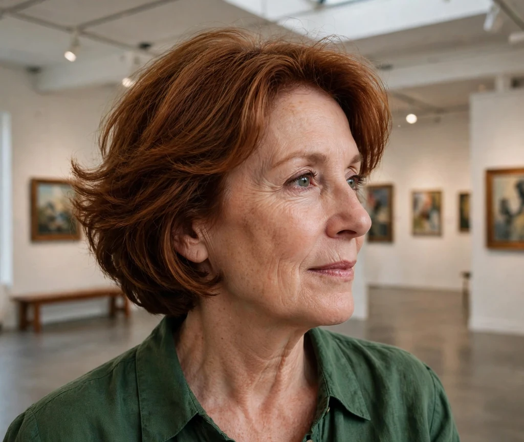 Woman with an angled bob at an art gallery