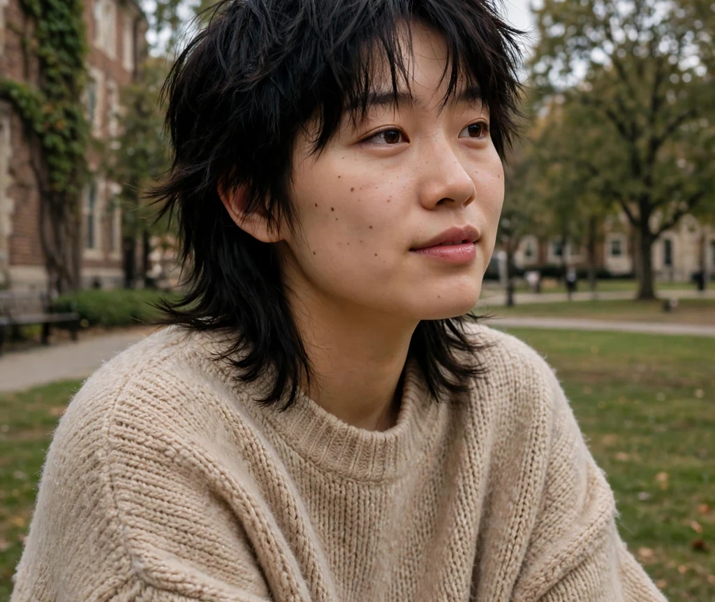 Woman with a modern mullet shag on a college campus