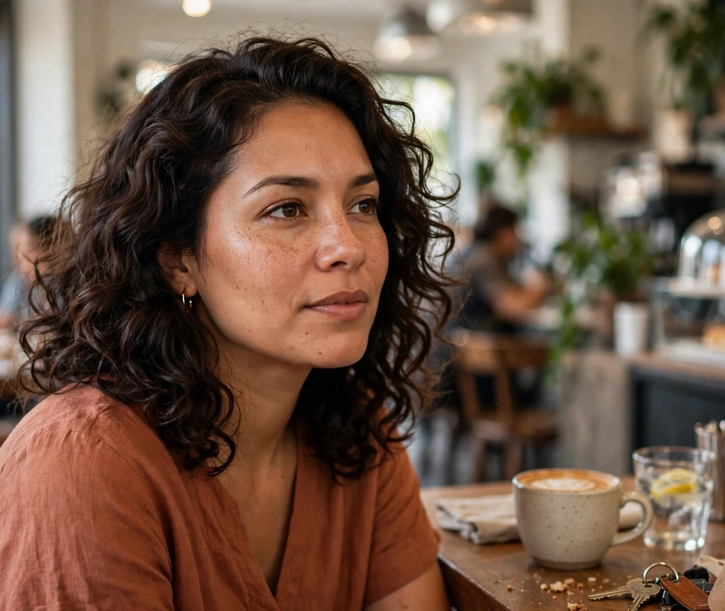 Woman with soft curls and root lift at a coffee shop