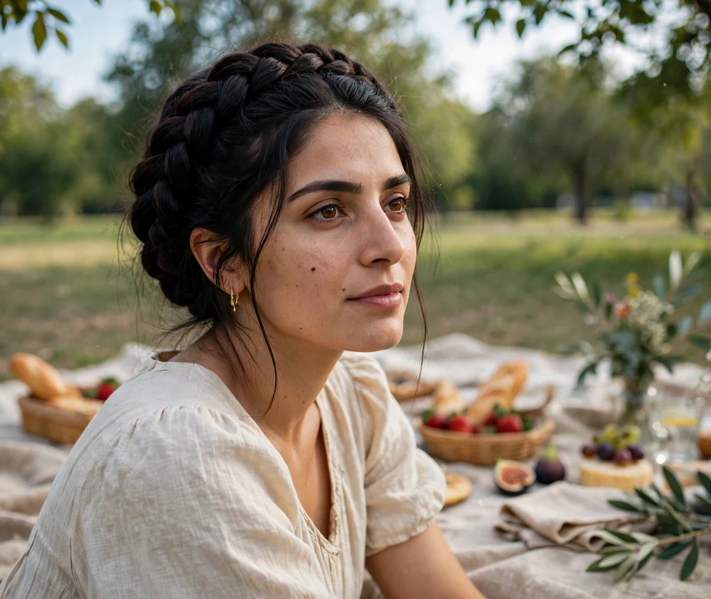 Woman with a braided crown updo at a park picnic