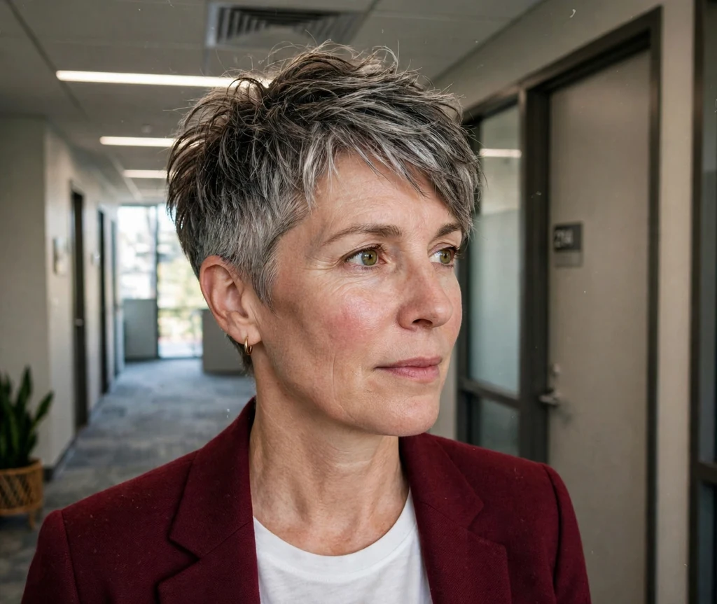 Woman with a textured pixie in an office hallway
