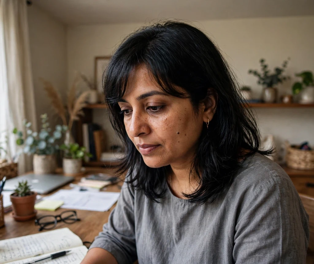 Woman with side-swept bangs at a home office desk