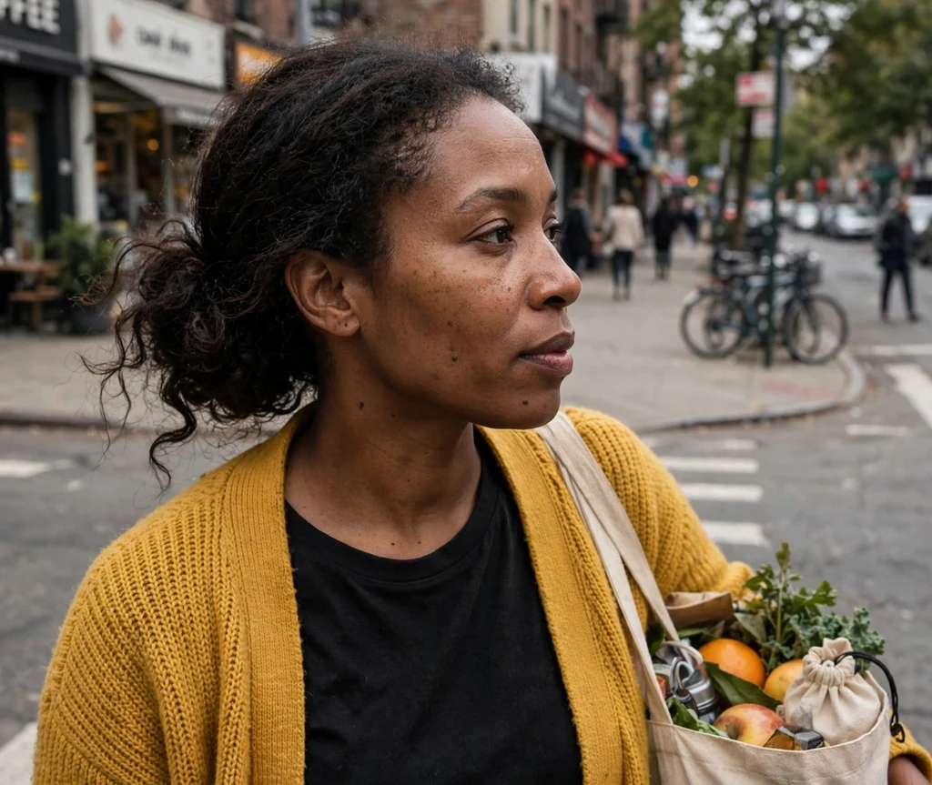 Woman with a loose low bun with volume on a city street