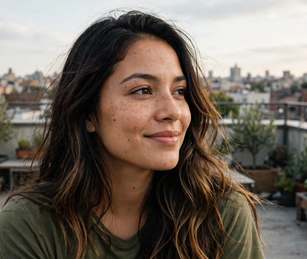 Woman with balayage highlights on a rooftop terrace