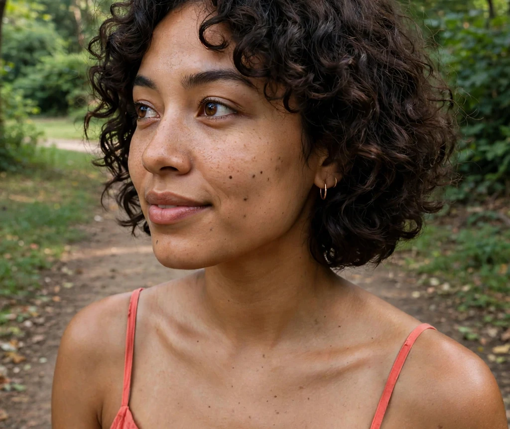 Woman with a short curly bob on a park trail