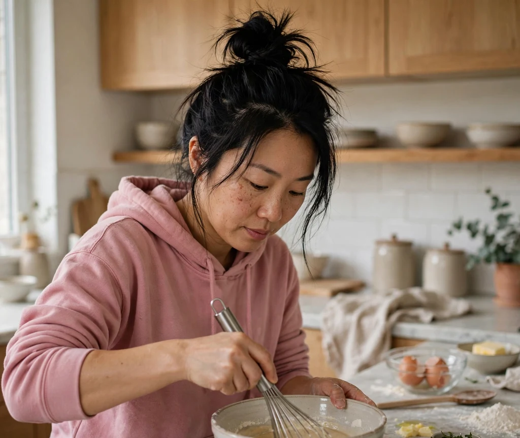 Woman with a messy top knot in a home kitchen