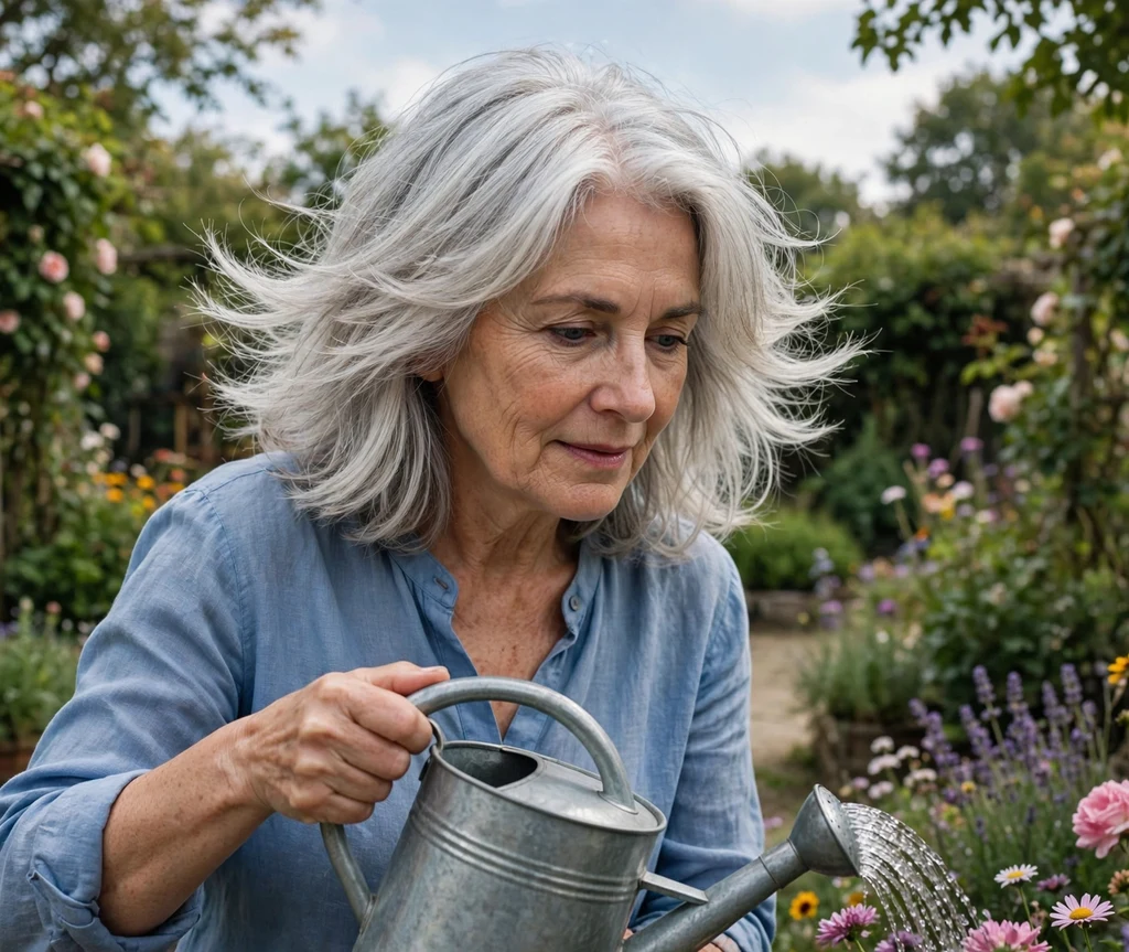Woman with graduated layers in a garden