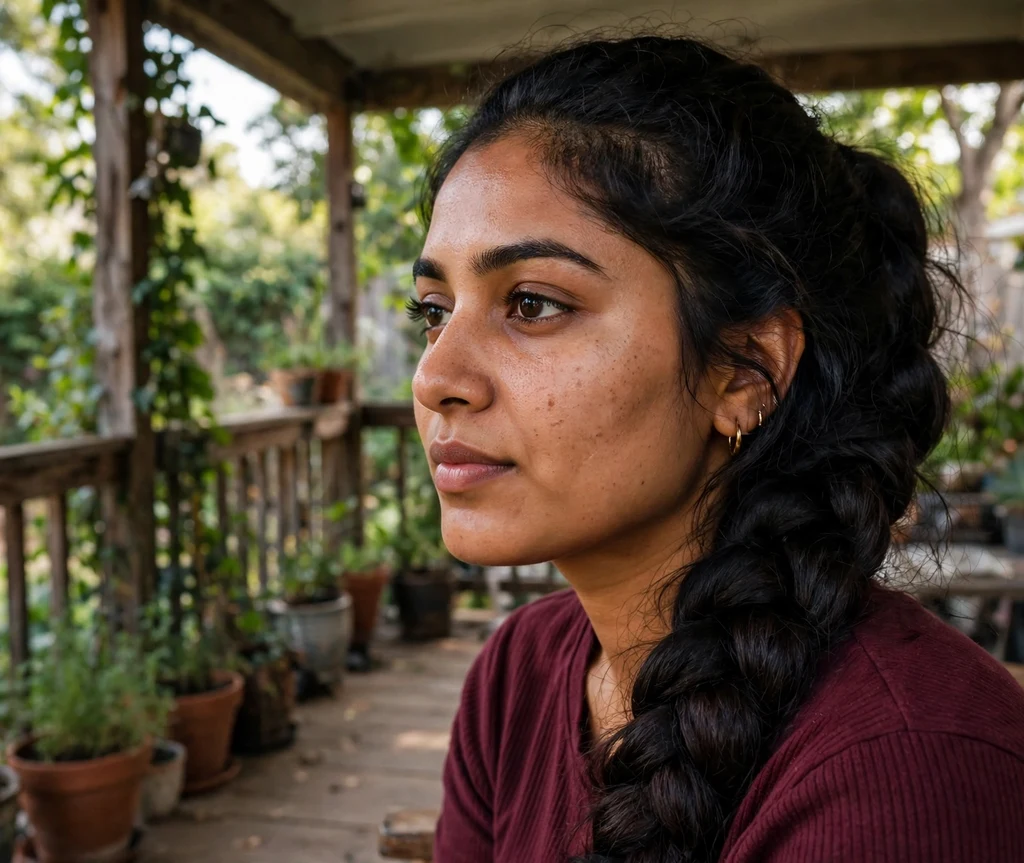 Woman with a voluminous side braid on a backyard porch