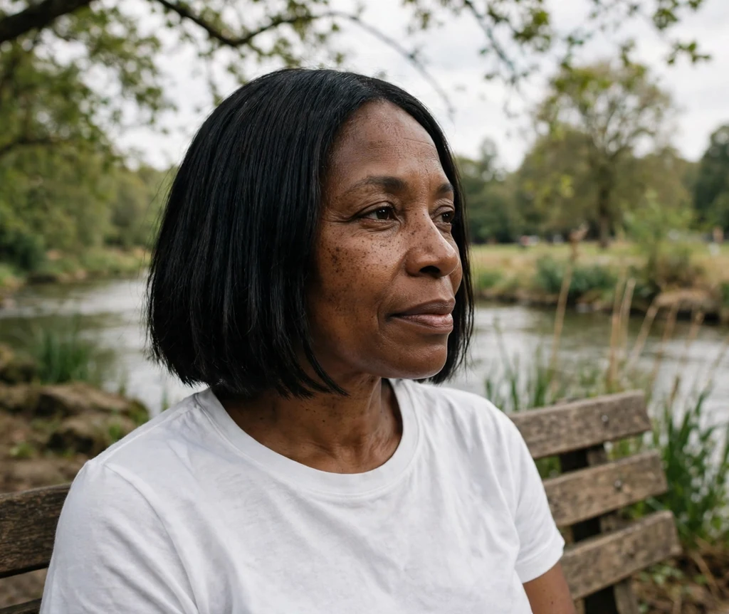 Woman with a blunt bob with subtle texture on a riverside bench