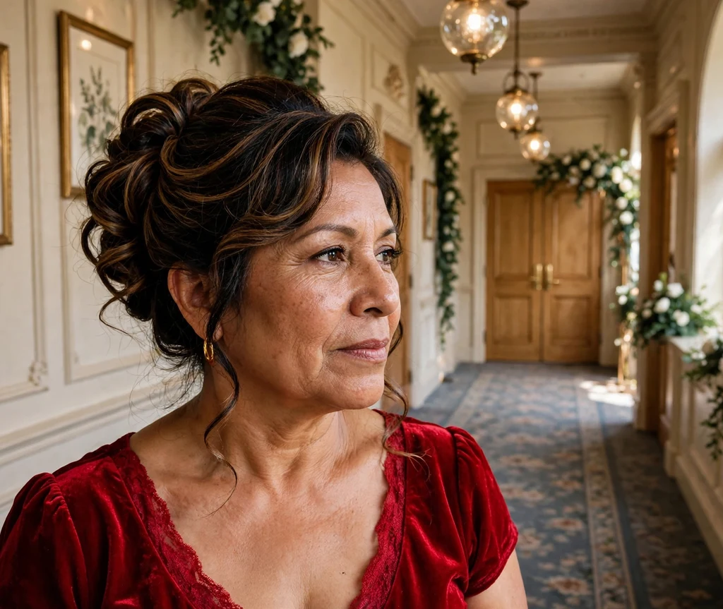 Woman with a full French twist in a wedding venue hallway