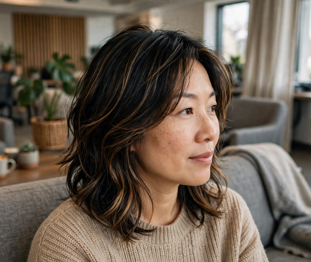 Woman with a layered lob with highlights in an office lounge