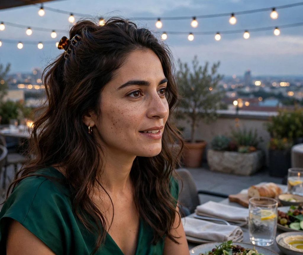 Woman with a pinned-back half-up style at a rooftop dinner