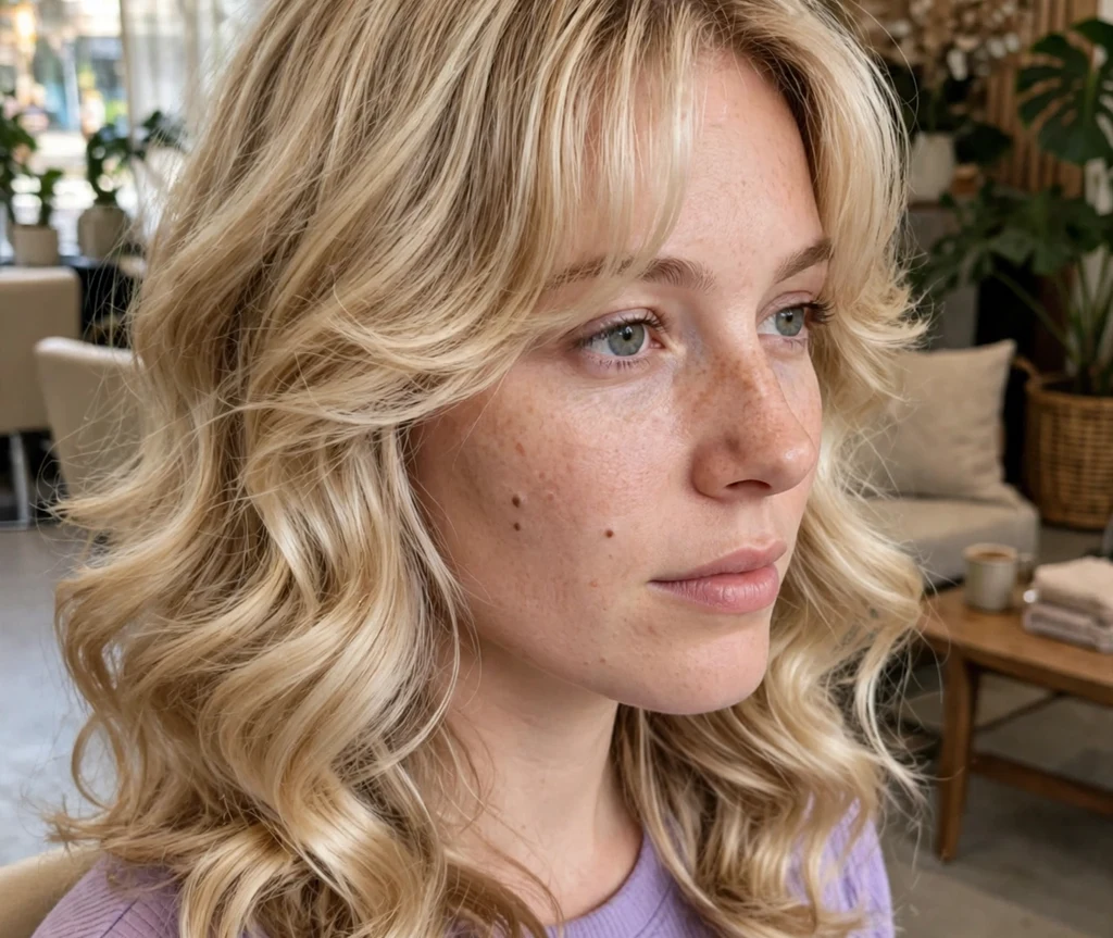 Woman with a bouncy curtain blowout in a salon lobby