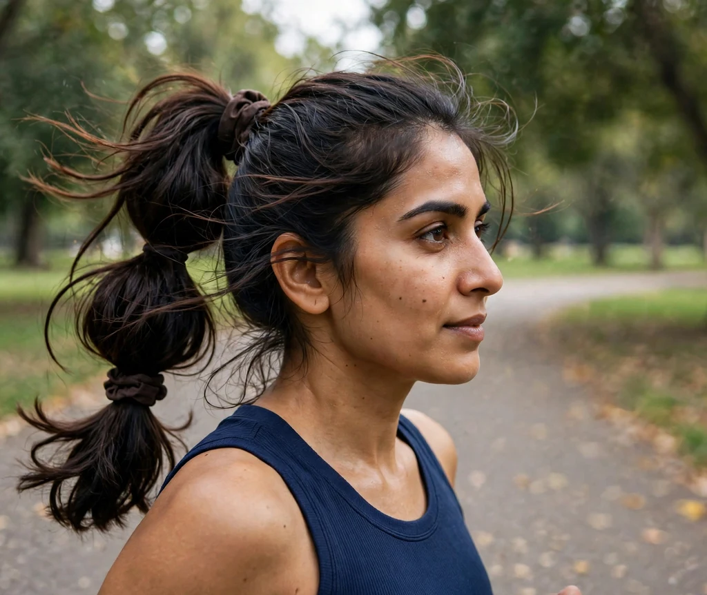 Woman with a faux fuller ponytail on a park path