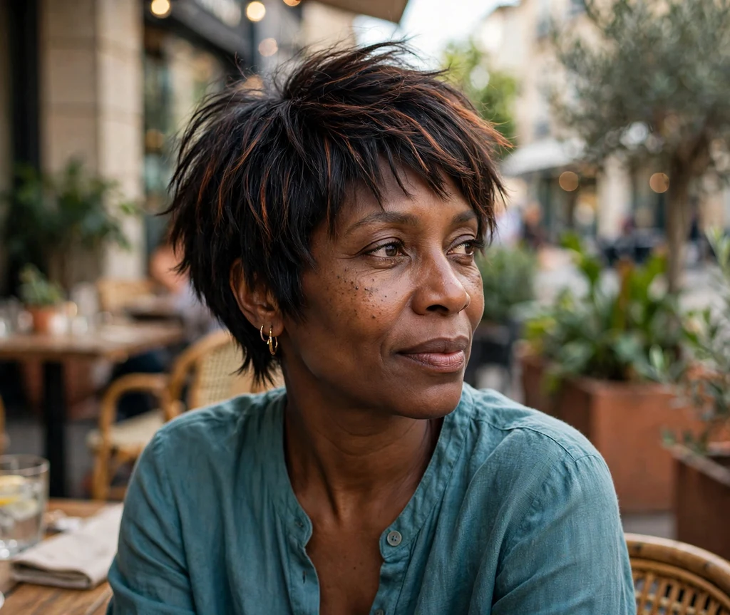 Woman with a choppy pixie bob on a cafe patio