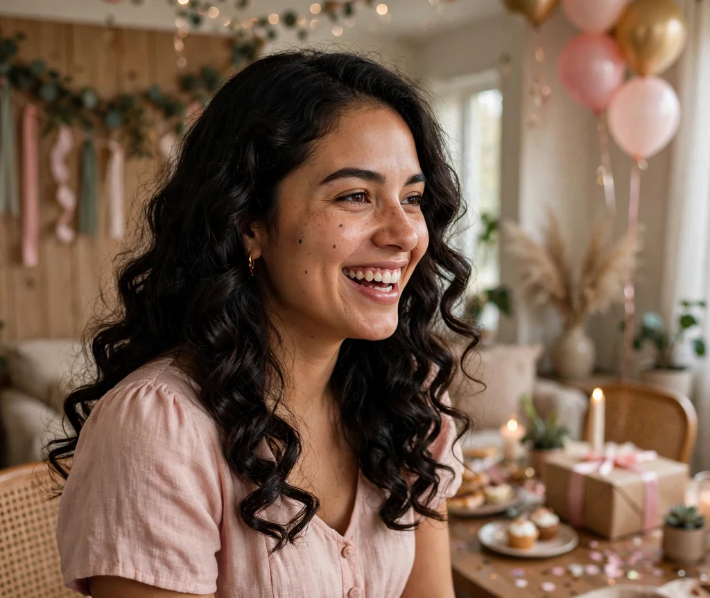 Woman with big soft barrel curls at a birthday party