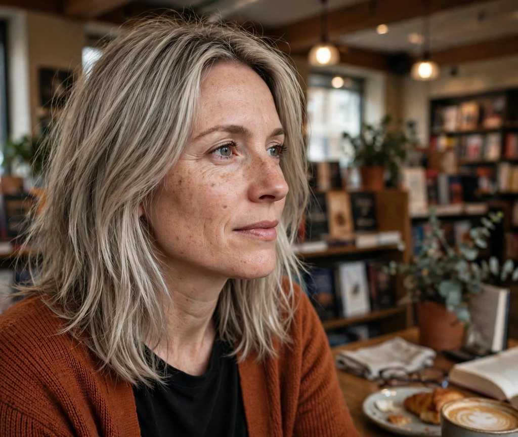 Woman with a layered shoulder-length cut in a bookstore cafe