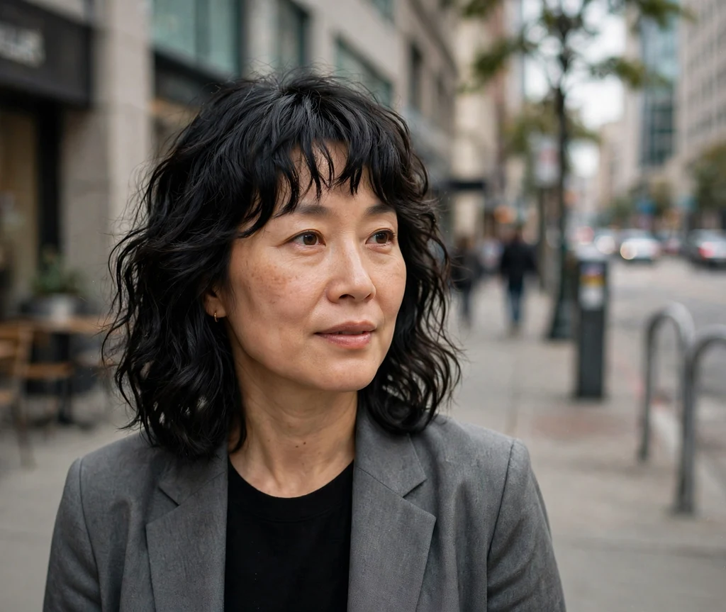 Woman with a textured fringe and wavy lob on a downtown sidewalk