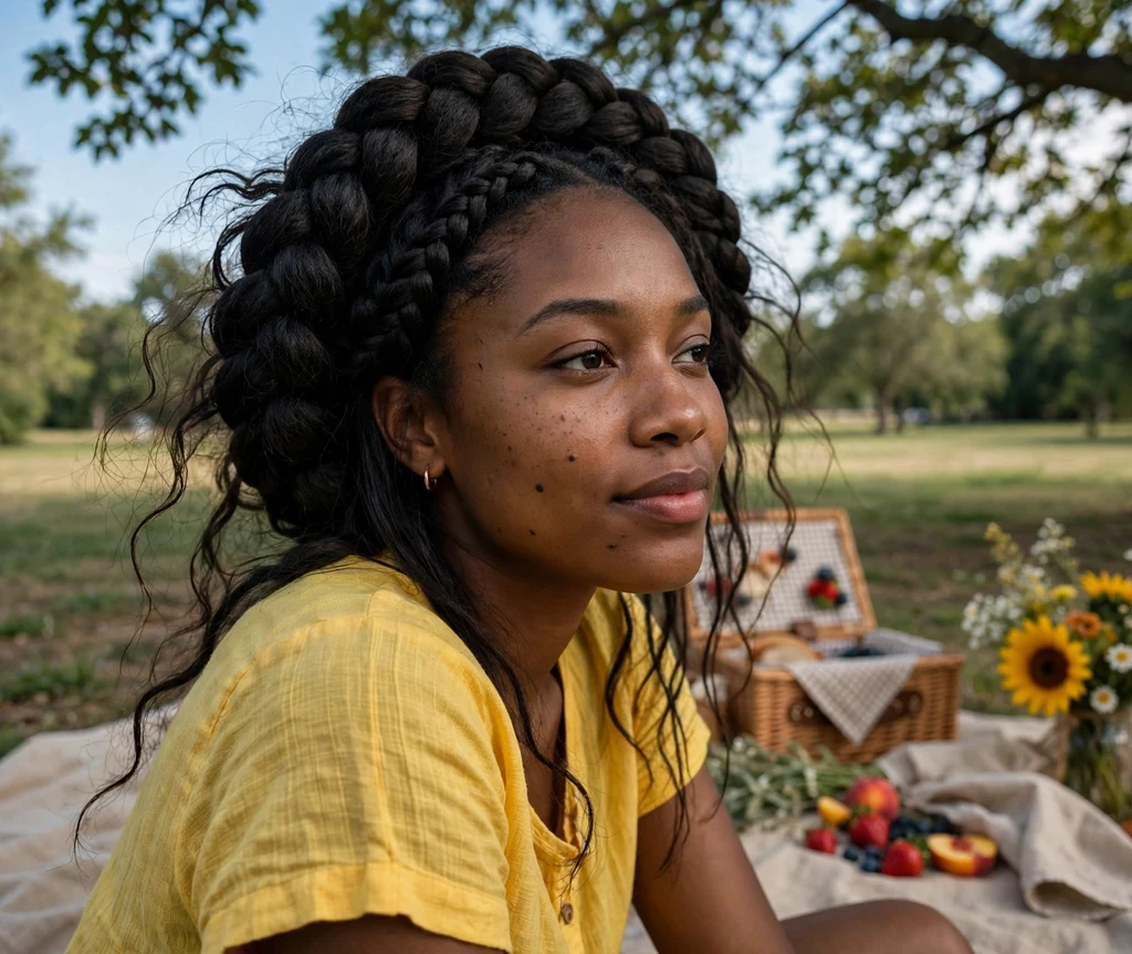 Woman with a voluminous halo braid at a park picnic