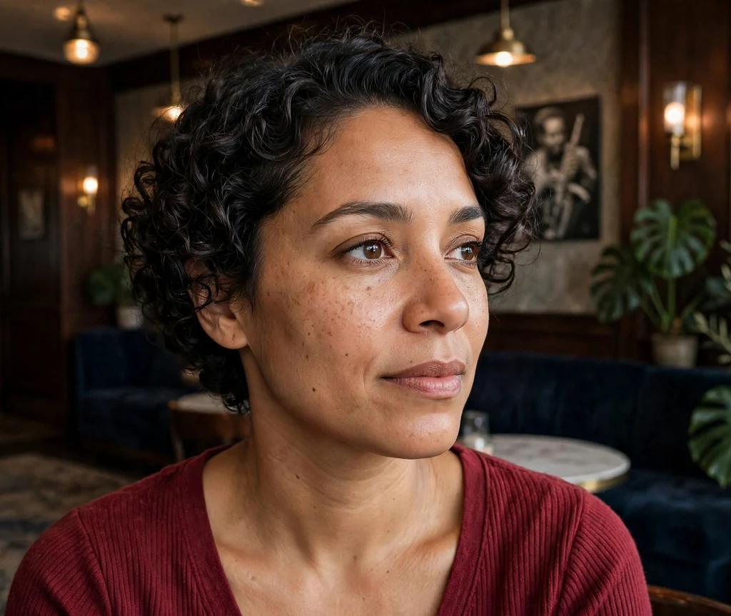 Woman with deep curls on short hair in a jazz club lobby