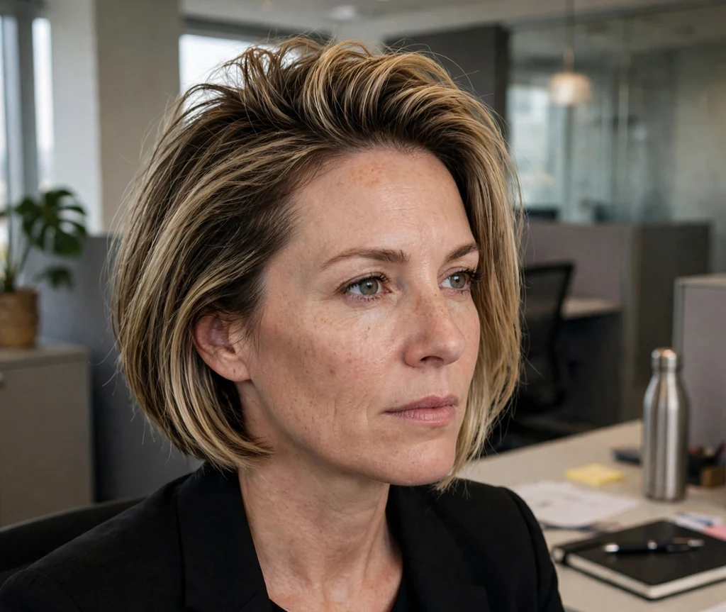 Woman with a sleek bob with root teasing in a corporate office