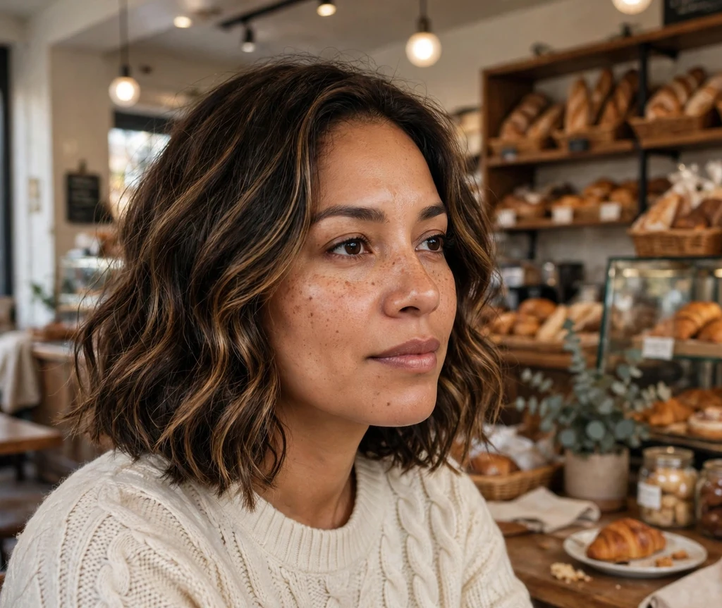 Woman with a wavy bob with caramel lowlights in a bakery cafe