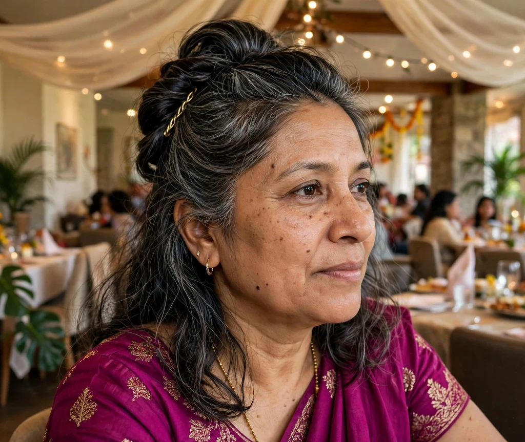 Woman with a twisted half-up bouffant at a family gathering
