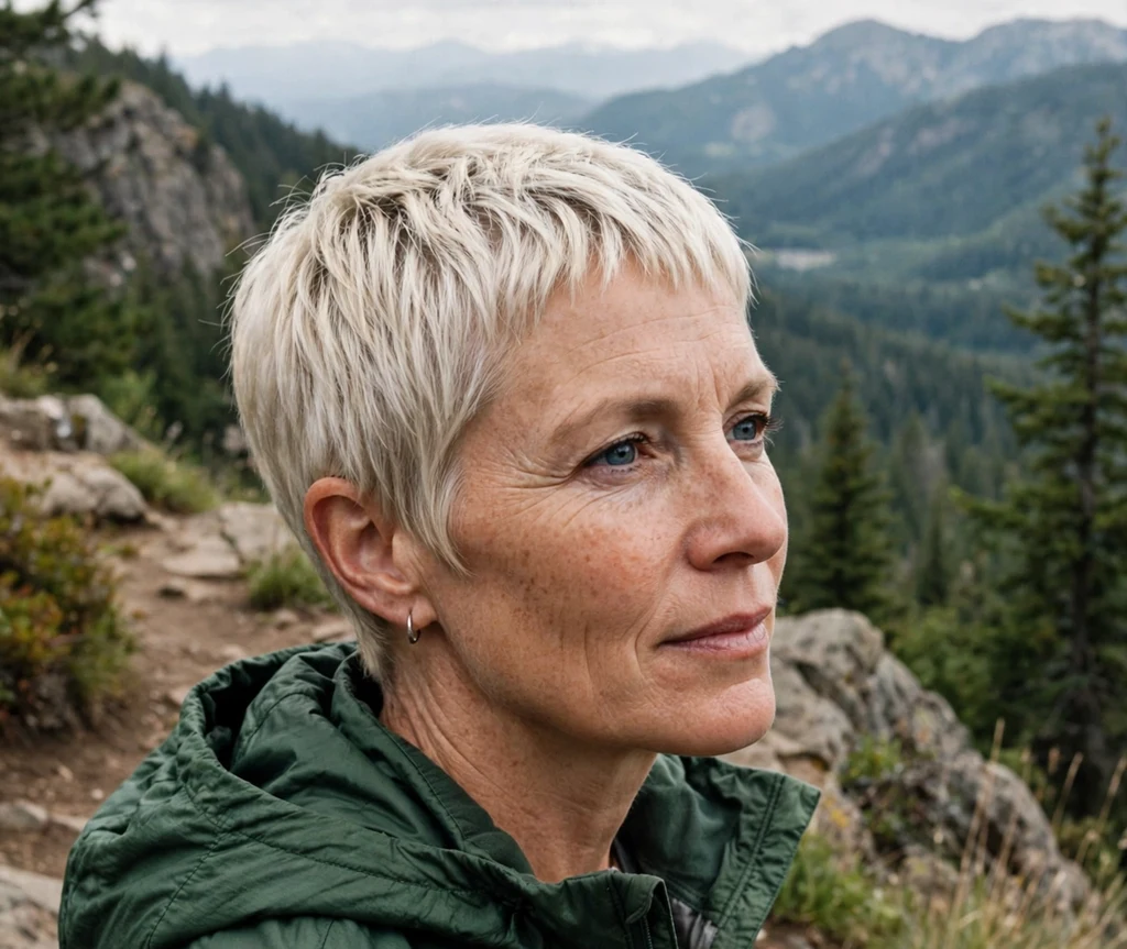 Woman with a short blunt pixie on a hiking trail