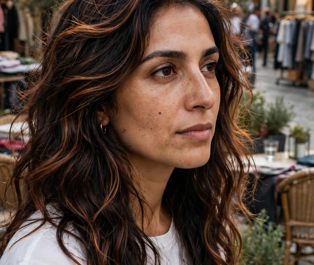 Woman with dimensional copper highlights on a shopping street