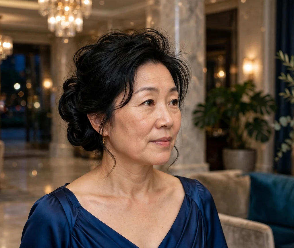 Woman with a bouncy chignon with loft in an evening event lobby