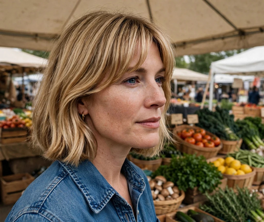 Woman with a layered curtain bangs bob at a farmers market stall