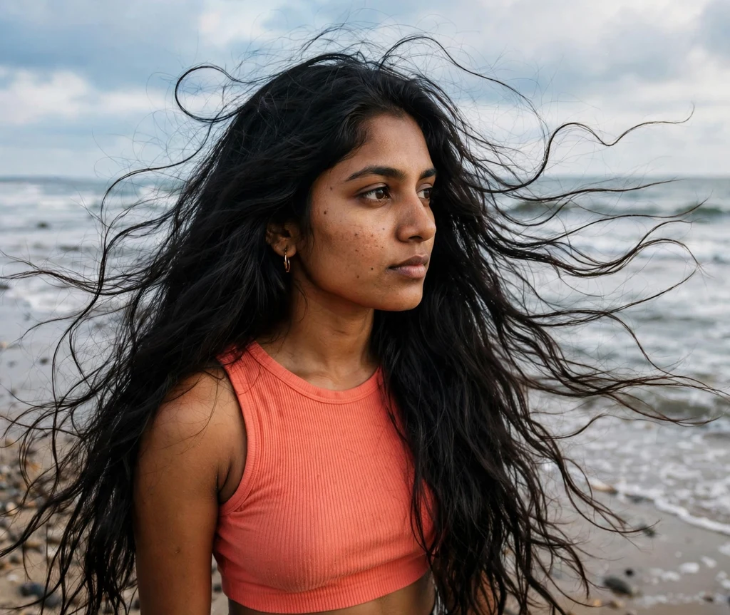 Woman with textured ends on long hair at the beach shoreline