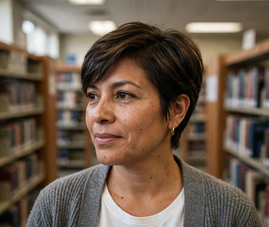 Woman with a soft pixie with side sweep in a library aisle