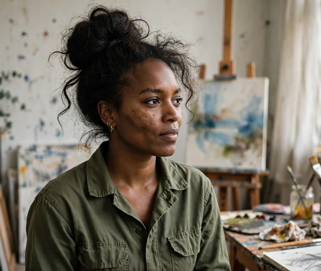 Woman with a voluminous sock bun in an art studio